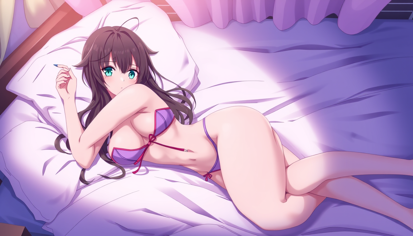 Main art studio: Anime woman wearing a bikini lying in bed