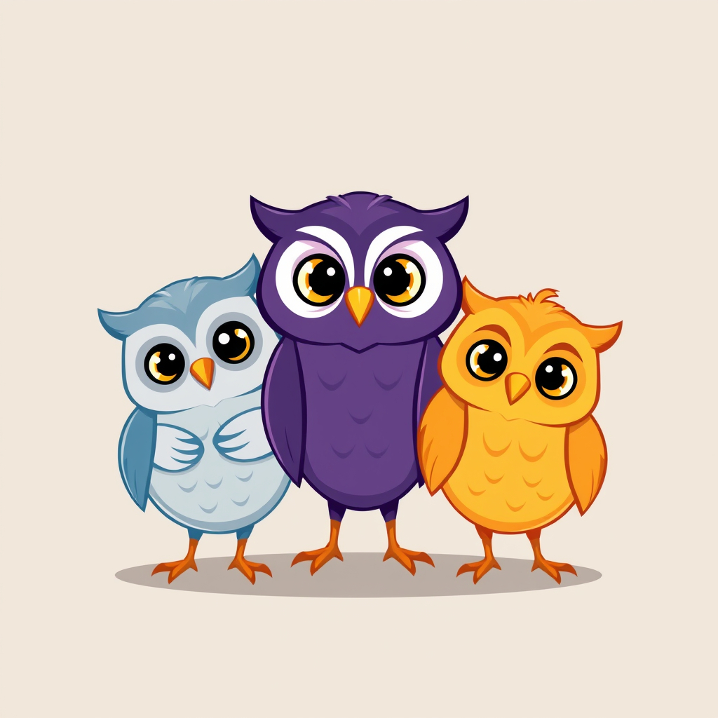 Main art studio: Create a cute modern 2D mascot logo with three distinct owl characters standing together. Avoid symmetry and identical poses. All face the viewer with