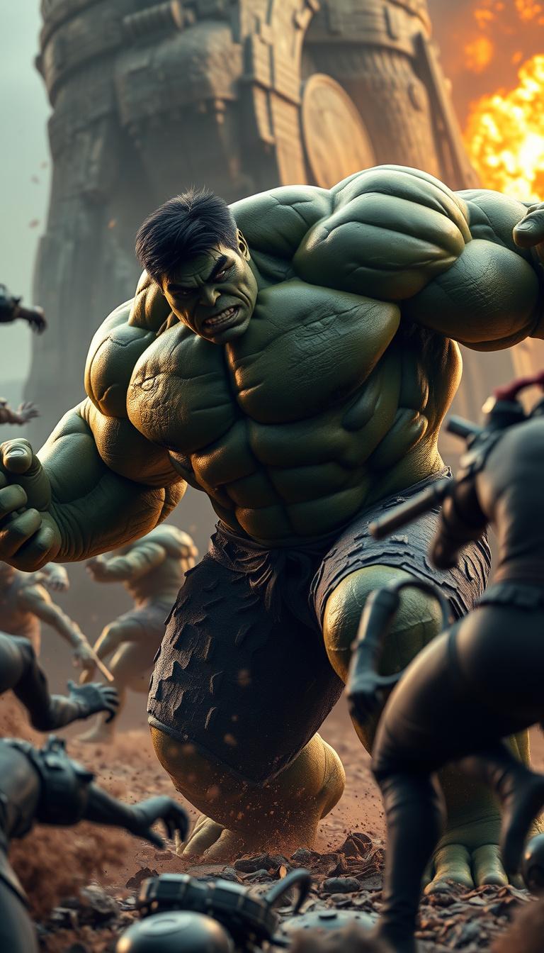 Main art studio: Ultra realistic 3D Hulk fighting against dangerous enemies at their hidden base, powerful action pose, enemies falling back, dust flying, intense expr
