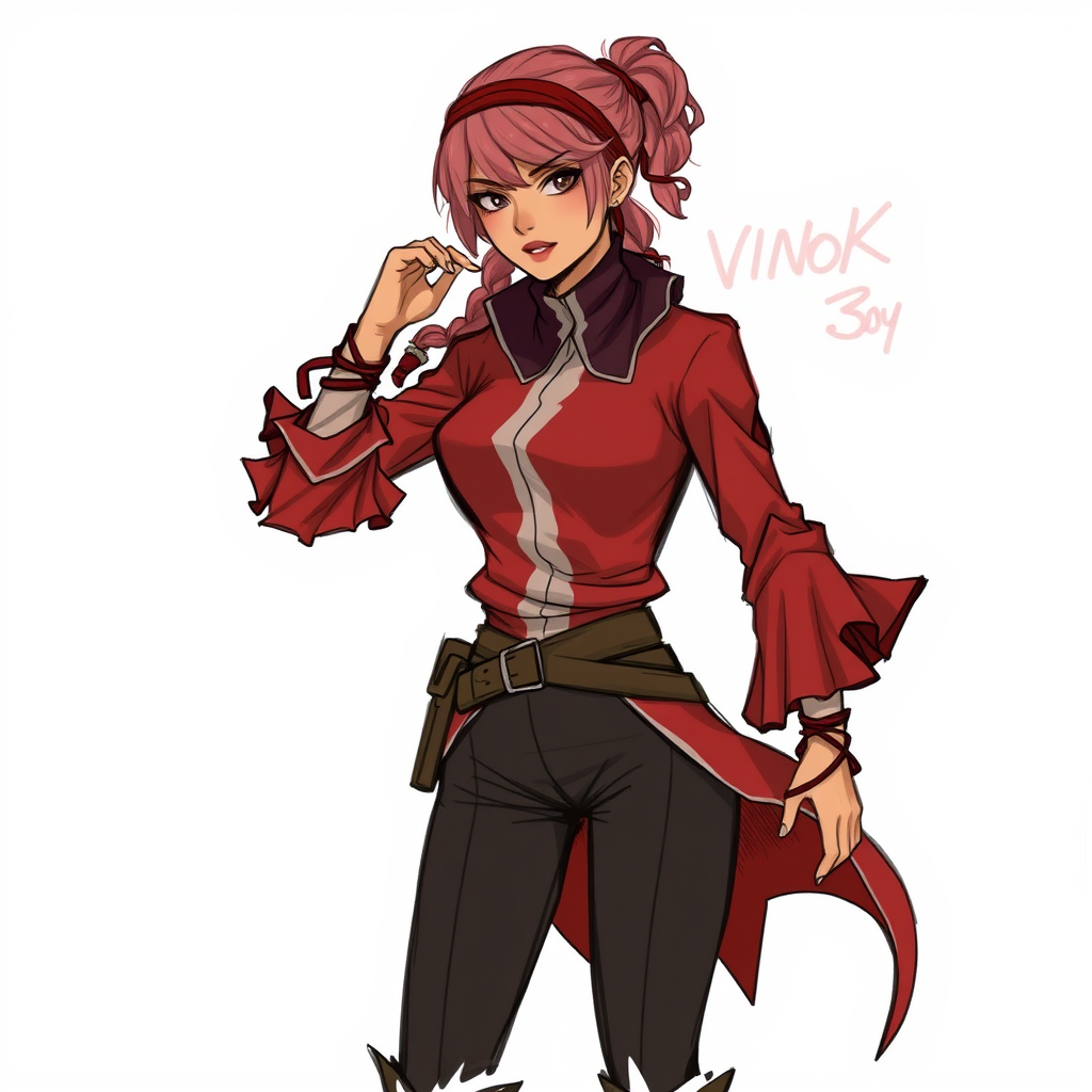 Main art studio: Fantasy concept art style, sketchy messy art style, pommeplisa on twitter art style, Adult woman thief, dusty/dirty pink braided bun with choppy bangs