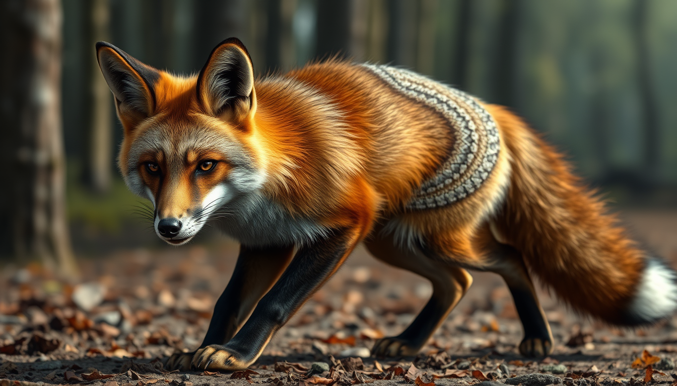 Main art studio: A highly detailed, realistic depiction of a human seamlessly transforming into a fox, captured mid-transformation. The scene shows the person on all f