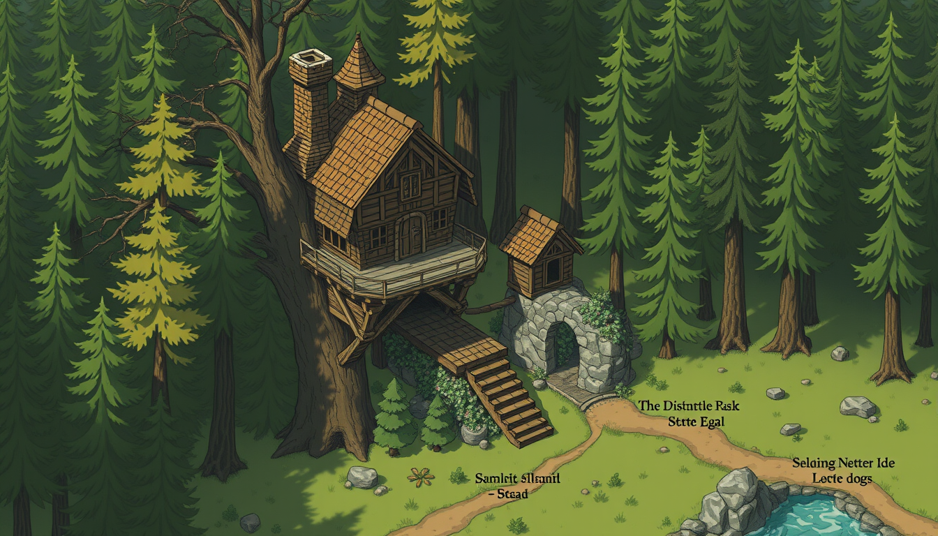 Main art studio: i need a d&d map for a town in the trees. not on a mountain, legit in trees like a tree house in the forest