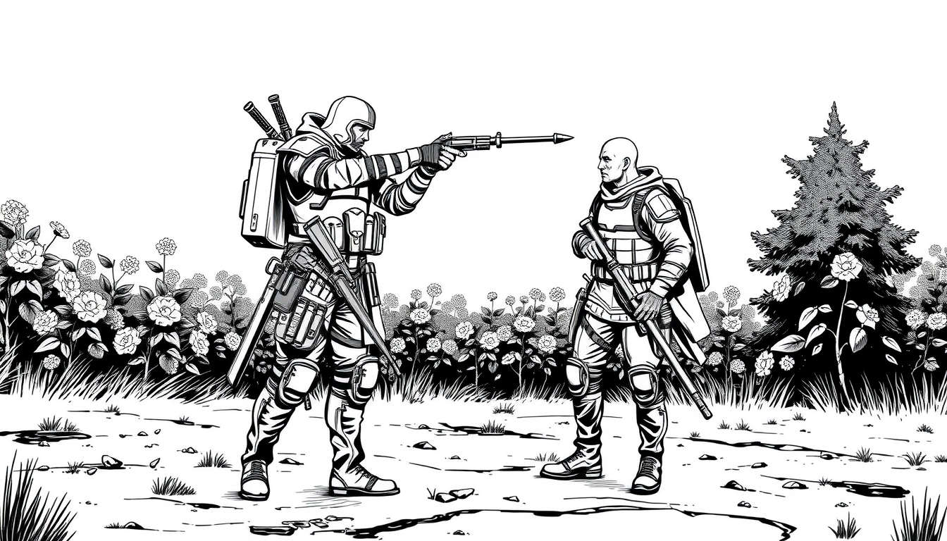 Main art studio: Erstelle ein bild nur aus schwarz und weiß auf comic stil angelegt also so aus strichen, bei dem zwei männer auf einer fläche stehen im hintergrund si