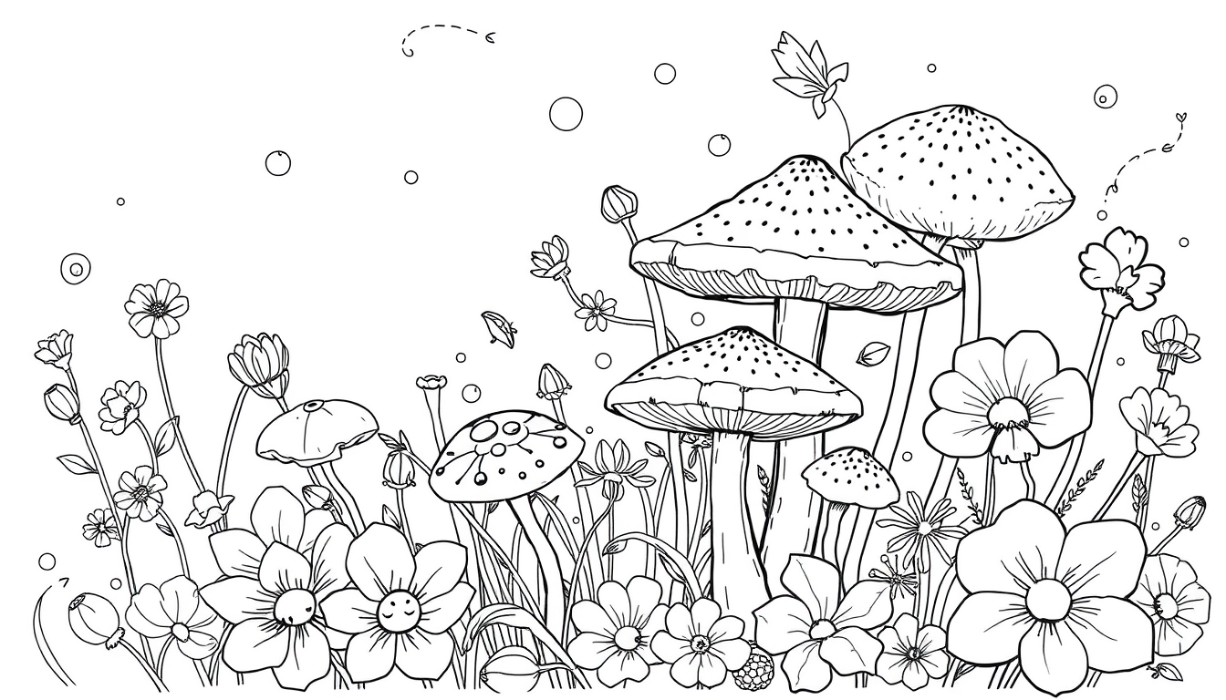 Main art studio: sketch me up some line art of some flowers and flowers with some squiggles and lines and big thick bold lines and mushrooms and complex flowers and si