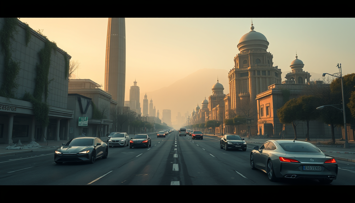 Main art studio: Cinematic 3D animated futuristic Tehran in the year 2150, completely abandoned and silent, empty streets, abandoned futuristic electric cars, huge fut