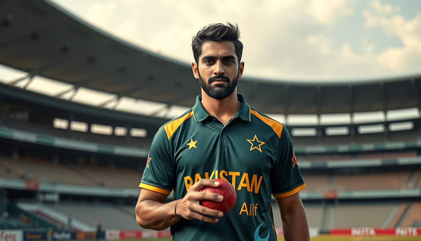 Main art studio: Photorealistic Pakistani cricketer Haris Rauf, wearing Pakistan cricket jersey, standing on a professional cricket stadium, holding a cricket ball, re