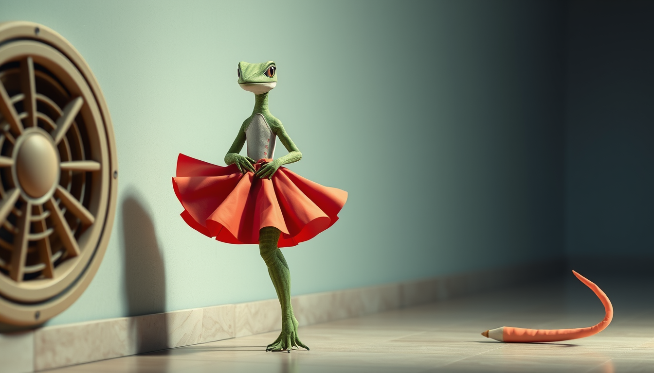 Main art studio: A female tall pritty beutifaul flirty lizzard pokemon made of paper that wears a paper skirt steps next to a wall vent that made her skirt flutter bea