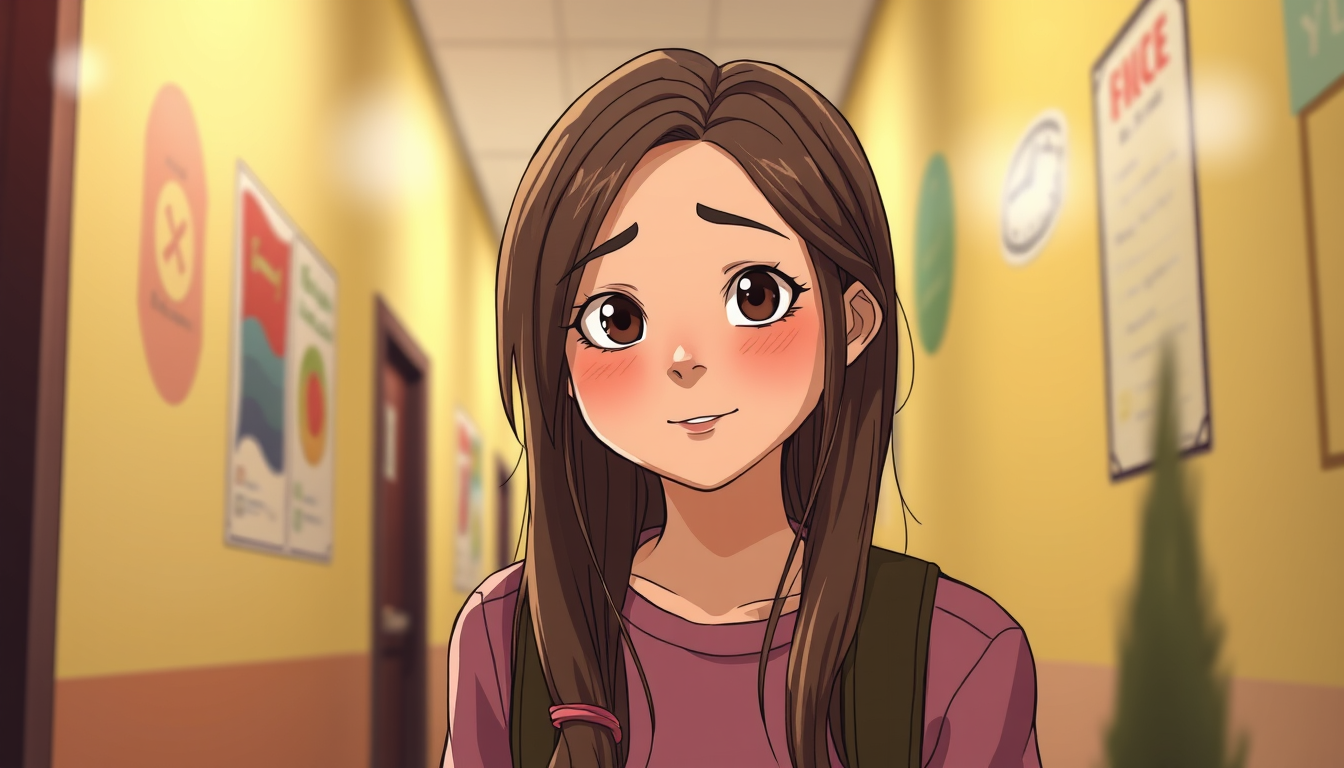 Main art studio: Une fille ado à la peau mate et aux cheveux longs et yeux bruns (cheveux relevés en queue-de-cheval) qui rigole dans un couloir animé d'un collège.
