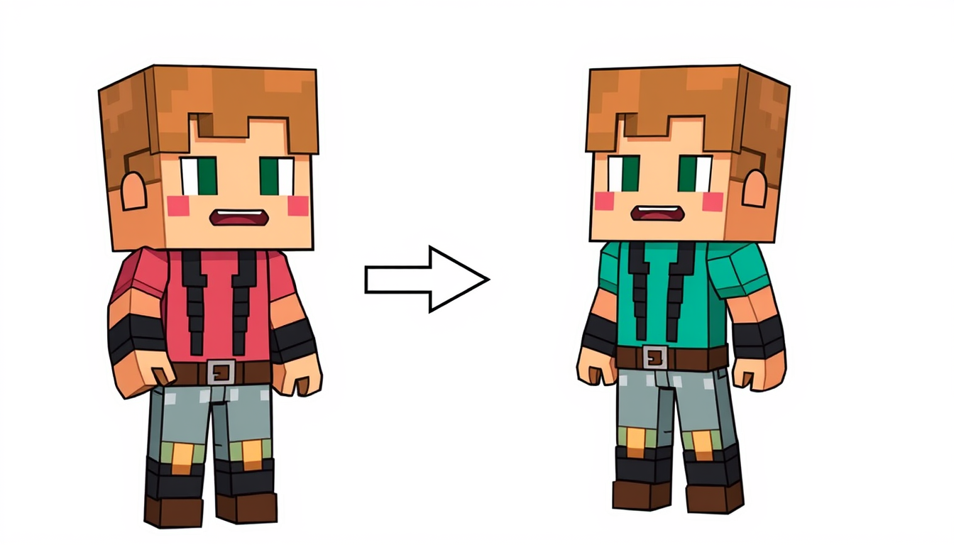 AI Art prompt example created from the prompt: Transform the uploaded Minecraft skin into a cute, funny Minecraft YouTuber mascot. Preserve the exact skin colors, clothes, hairstyle, face