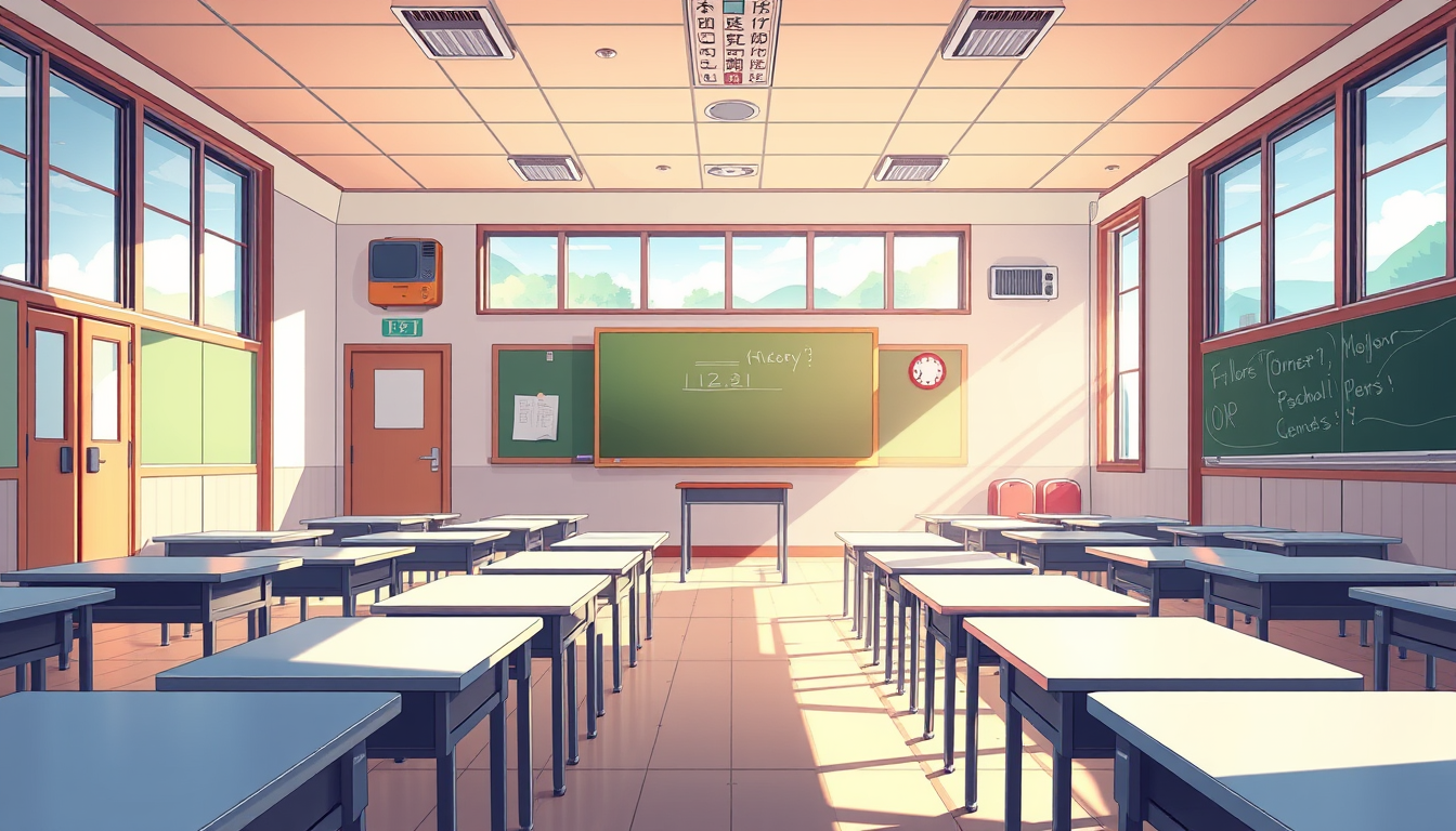 Anime idea: anime style, vibrant colors, expressive eyes, Cute anime manga background for a school mystery novel. Empty Japanese school classroom, rows of desks, 