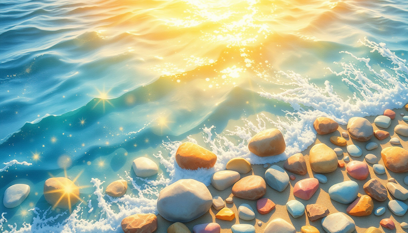 Main art studio: an illustration for the children book : A bright sunny beach with smooth colorful stones surrounded by sparkling gentle waves. The sea glows with gold