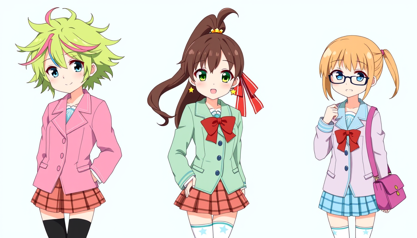 Main art studio: Three anime girls in matching academy uniforms: the first has messy green hair with pink and blue streaks and a pink uniform; the second has brown hai
