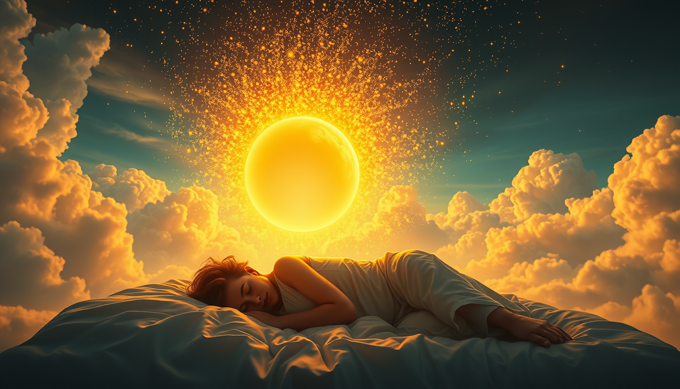 Main art studio: A mysterious glowing golden portal emerging above a sleeping person, beautiful particles floating through the air, surreal dream atmosphere, soft heav