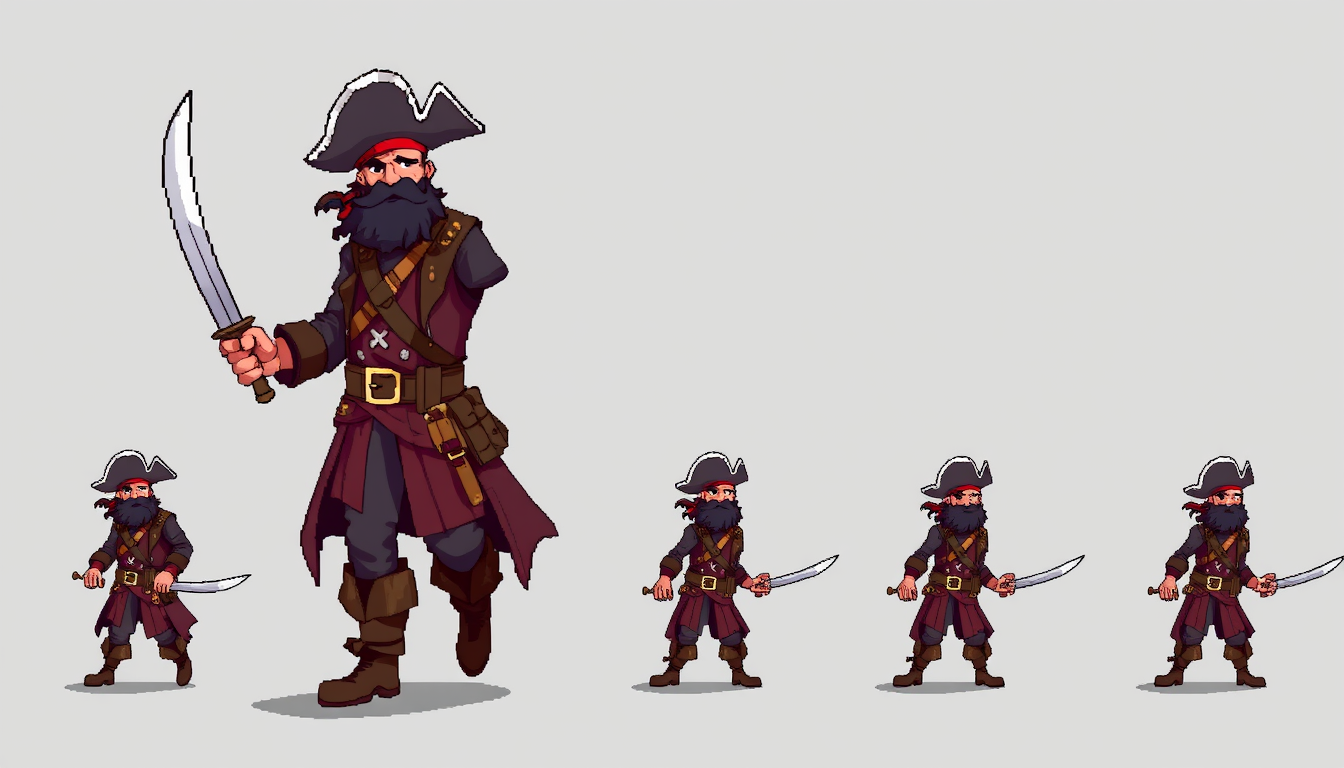 Main art studio: make me a 16 bit pirate with a sword in hand.I want to have a side view of him and make 4-6 images so if i put them one after the other it looks like