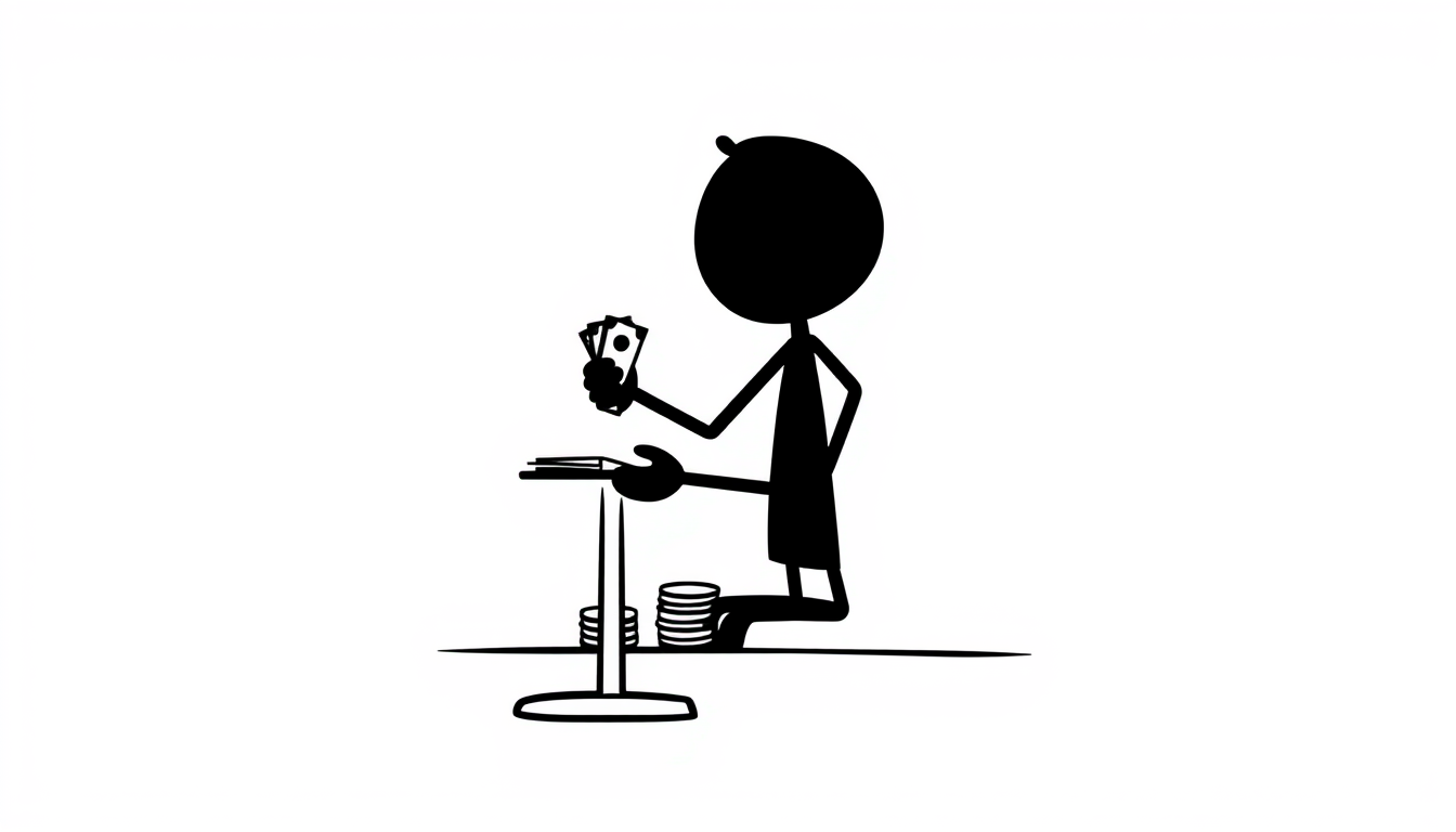 AI Art prompt example created from the prompt: Simple black stickman sitting at a desk counting money, white background, clean cartoon style, thick black lines, 2D illustration, 16:9 land