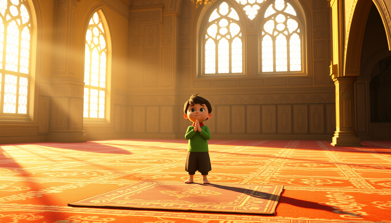 Main art studio: The same boy praying Salah inside the mosque, standing respectfully on his prayer mat, warm sunlight coming through mosque windows, 3D animated cartoo