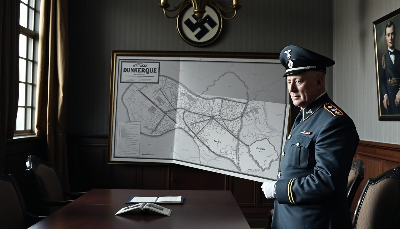 Main art studio: je veux une image d'un officier nazi présentant une carte avec le plan d'attaque de Dunkerque. La scéne se passe dans une salle de réunion. La carte e