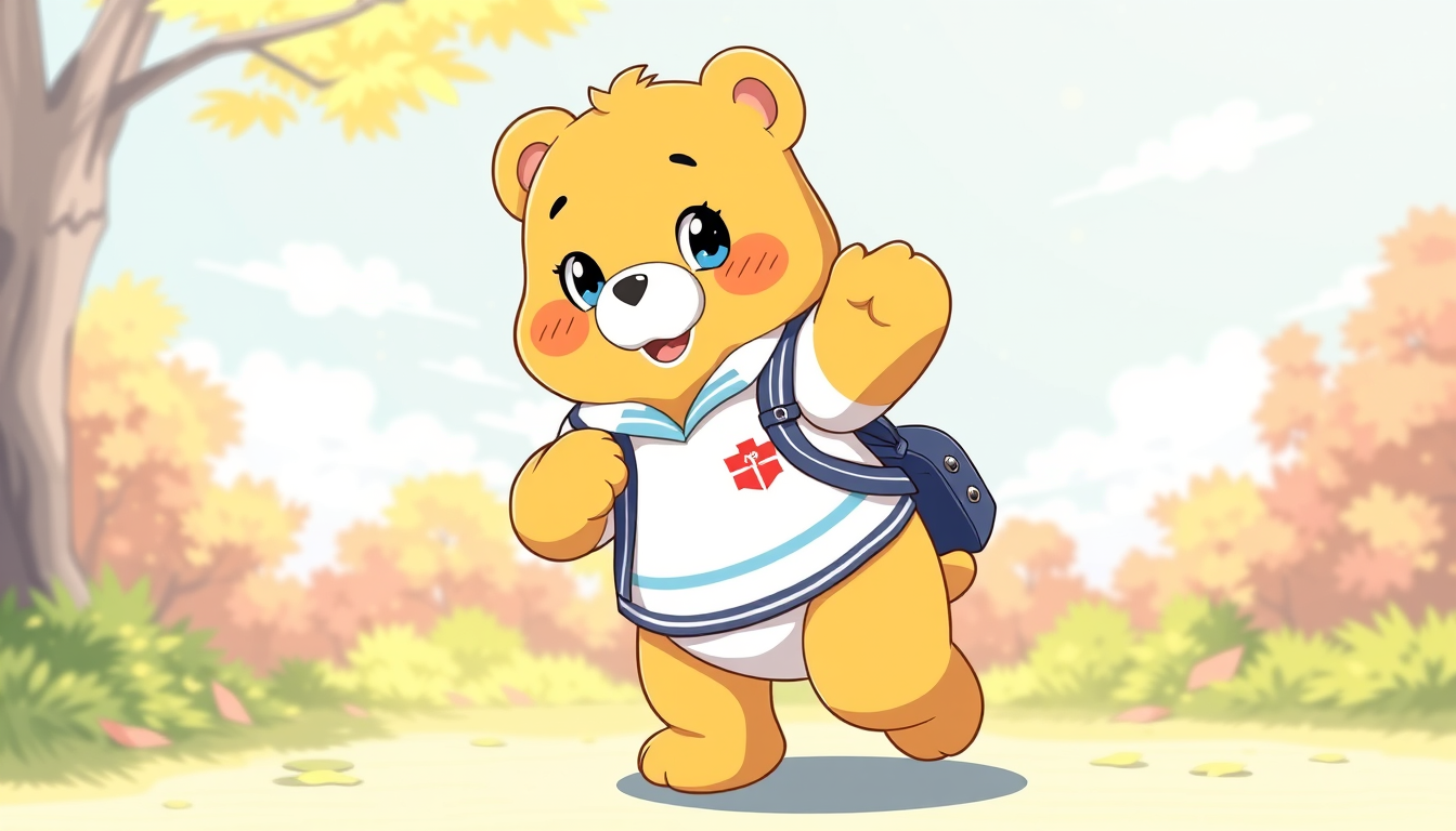 Anime idea: anime style, vibrant colors, expressive eyes, Un bisounours jaune (care bear) corps entier dans une pose dynamique mignonne et kawai avec une tenue d'