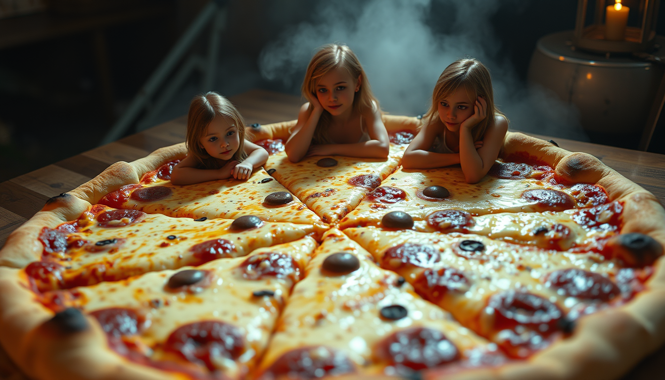 Main art studio: a very large pizza with very much cheese and three girls on the pizza