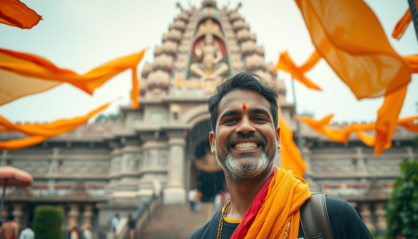 Main art studio: Smiling Kanwariya stands before a grand Shiva temple. Light rain, saffron flags waving, cinematic slow camera push toward his face.