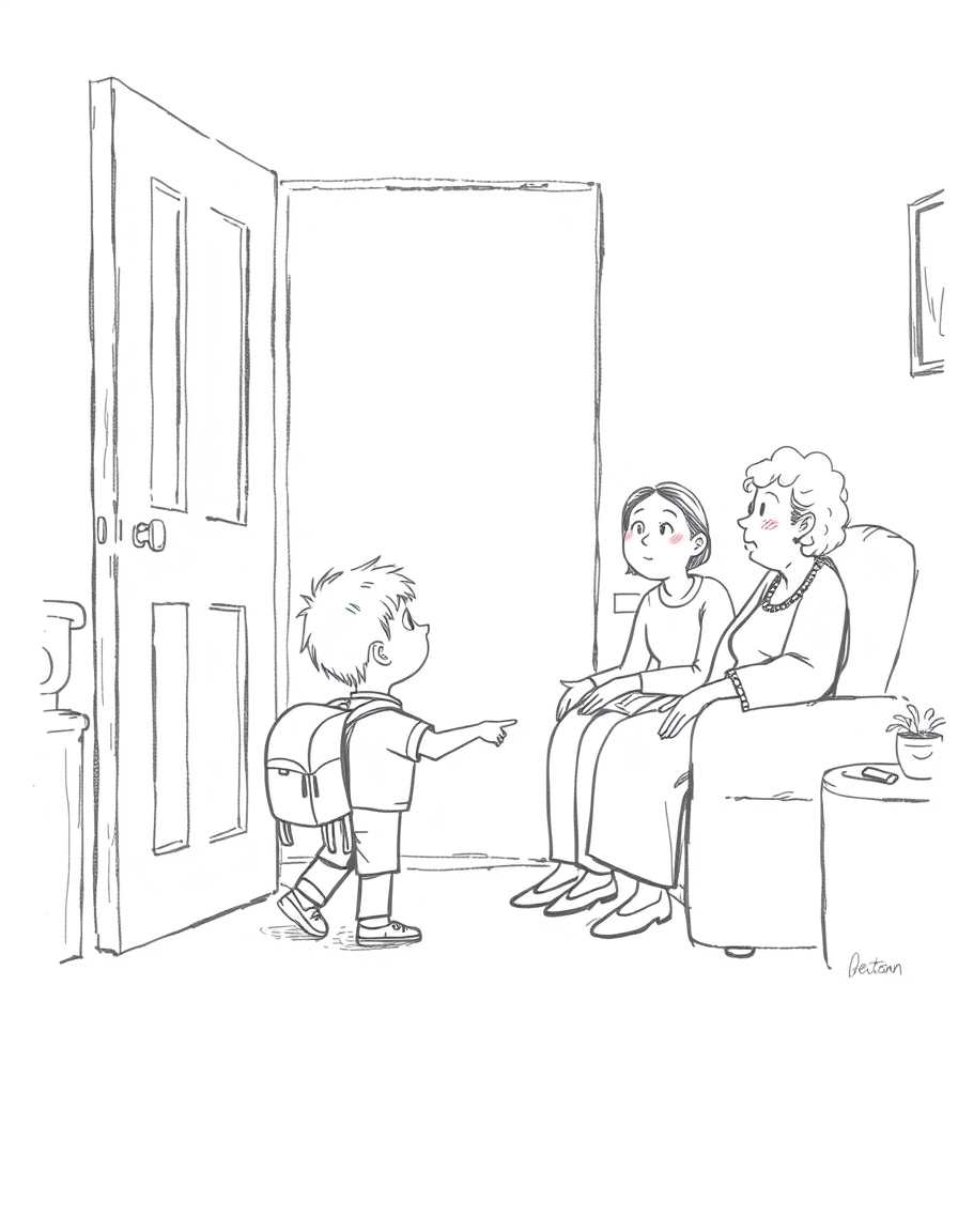 Main art studio: A simple black-and-white pencil sketch, like a child casually drew it. A little boy has just walked through the front door with his backpack. His moth
