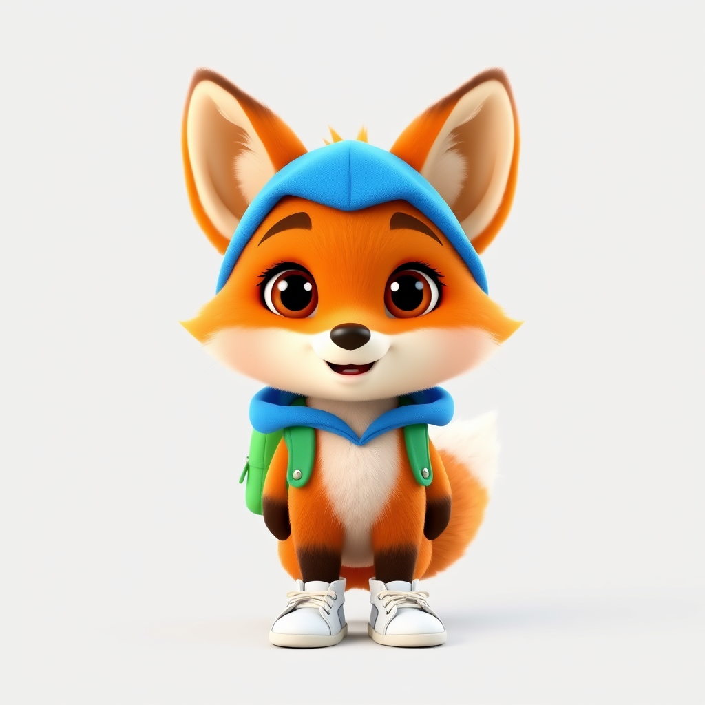 Main art studio: A cute original 3D animated fox cub named Milo. Milo is a small adorable orange fox cub with soft fluffy fur, big expressive brown eyes, small pointed