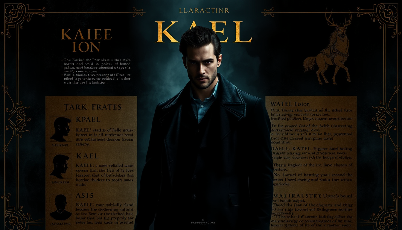 Main art studio: Create a dark, luxurious cinematic character dossier / psychological profile poster for a fictional male character named Kael.