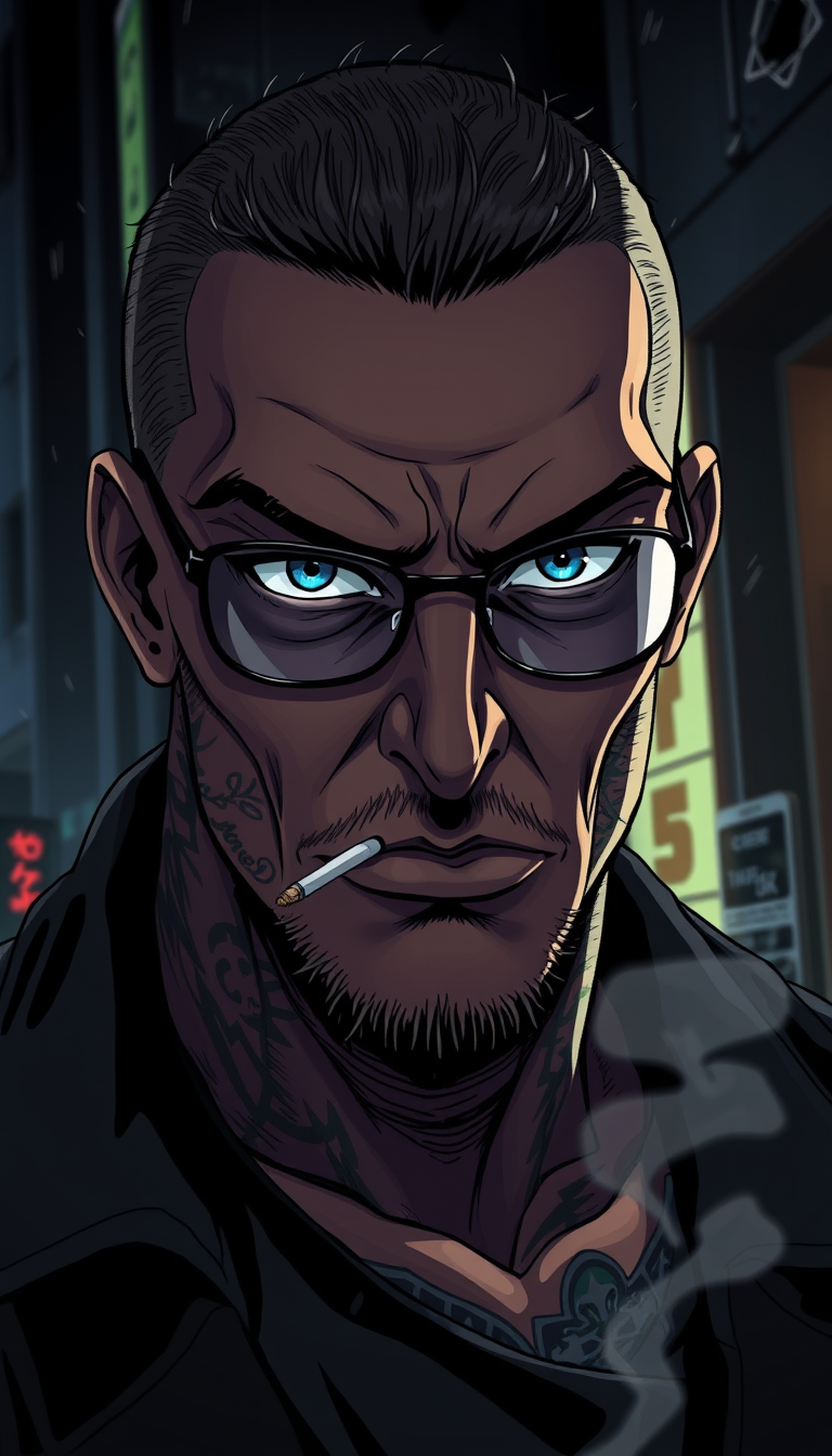 Anime idea: anime style, vibrant colors, expressive eyes, Dark-skinned man, 1.70 m tall, heavy-set, covered in tattoos, nearly bald with a buzz cut. Cold, intimid