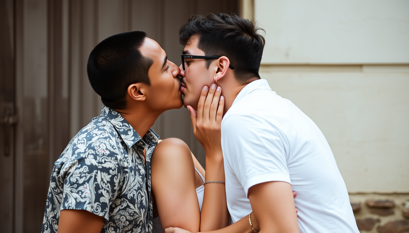 Main art studio: Woman kissing 2 men