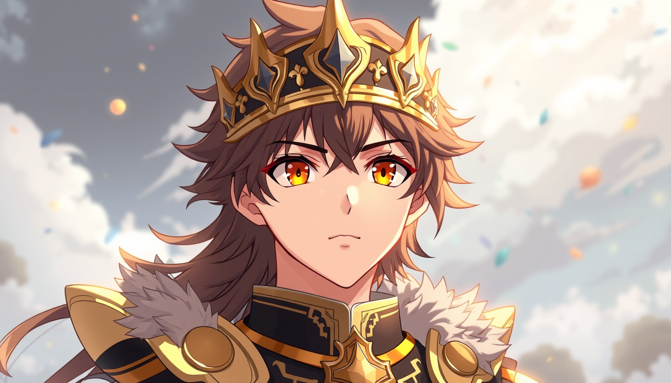Main art studio: A highly good art image with a gold crown brown hair and golden, like eyes, not literally golden eyes. But a darkened type version of it, just mouth i