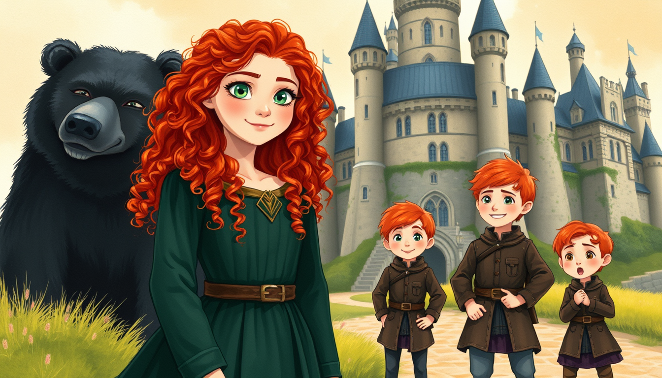 Main art studio: Merida, a teenage Scottish princess with long curly bright red hair, green eyes, and a dark green medieval dress, returns to DunBroch with Queen Elino