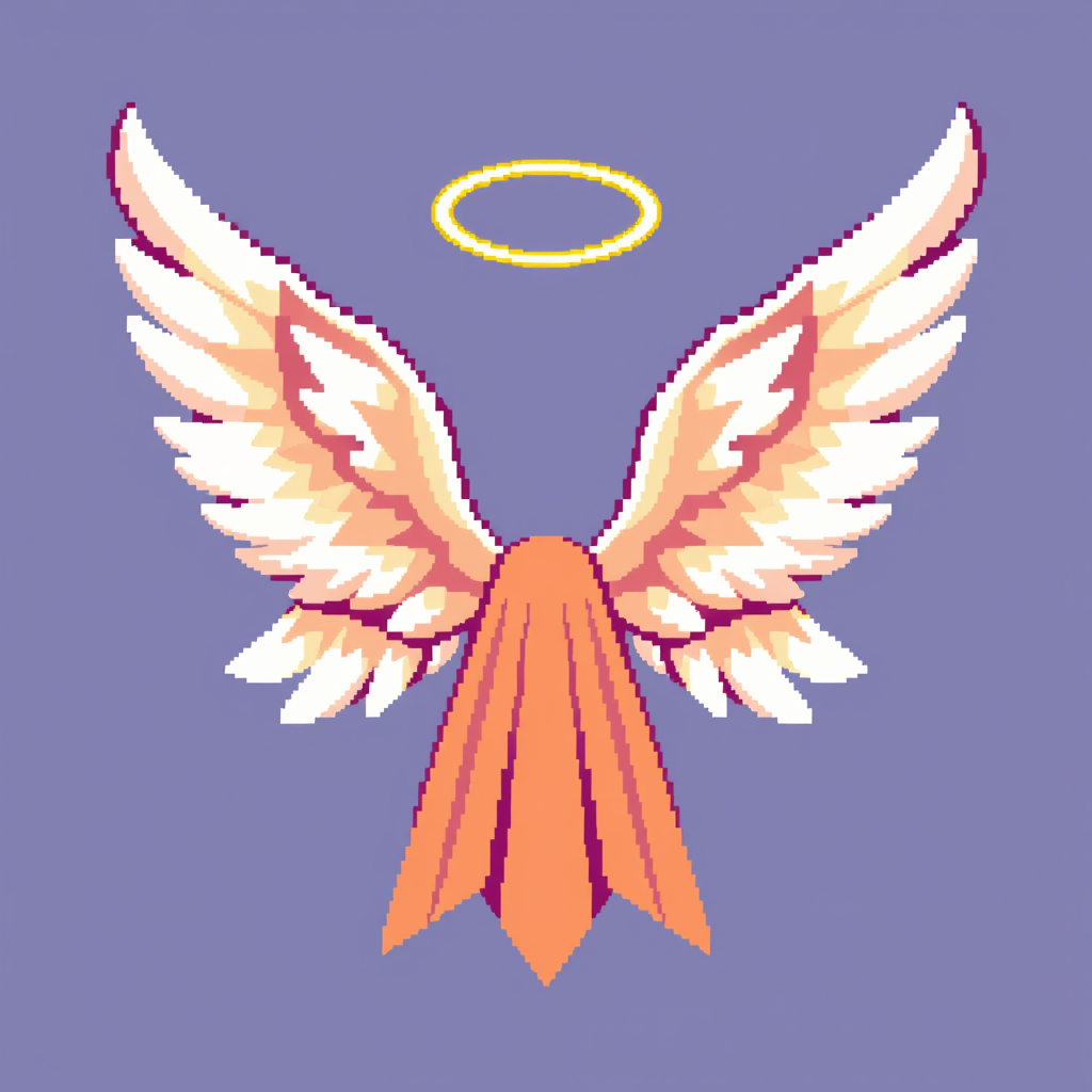 Sprites idea: a single readable game sprite with a controlled silhouette, palette, scale, and viewing angle, deliberate composition, 28x28 px size. Pixel Art. Angel