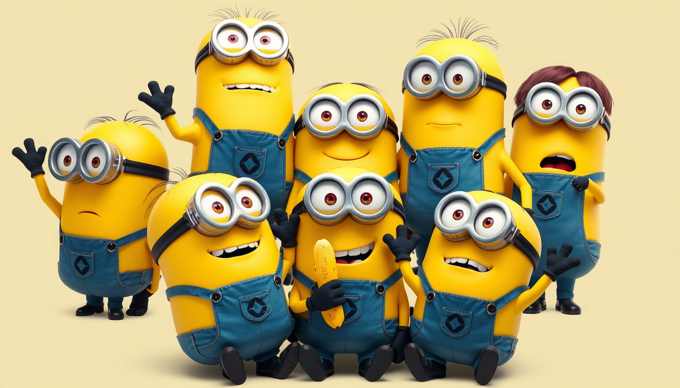 Main art studio: Show 8–10 Minions together in ONE single group composition, like they are posing for a group photo. They should be close together, with some standing 