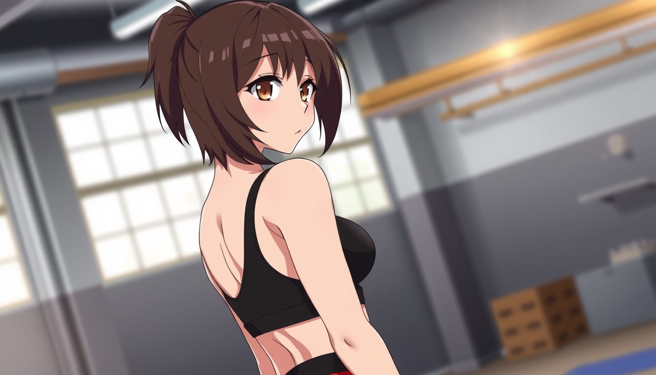 Main art studio: Still Image, anime style, high quality, masterpiece, Brunette sporty anime Girl, slim but trained in black Sportsbra and Red yogaleggins, trained butt
