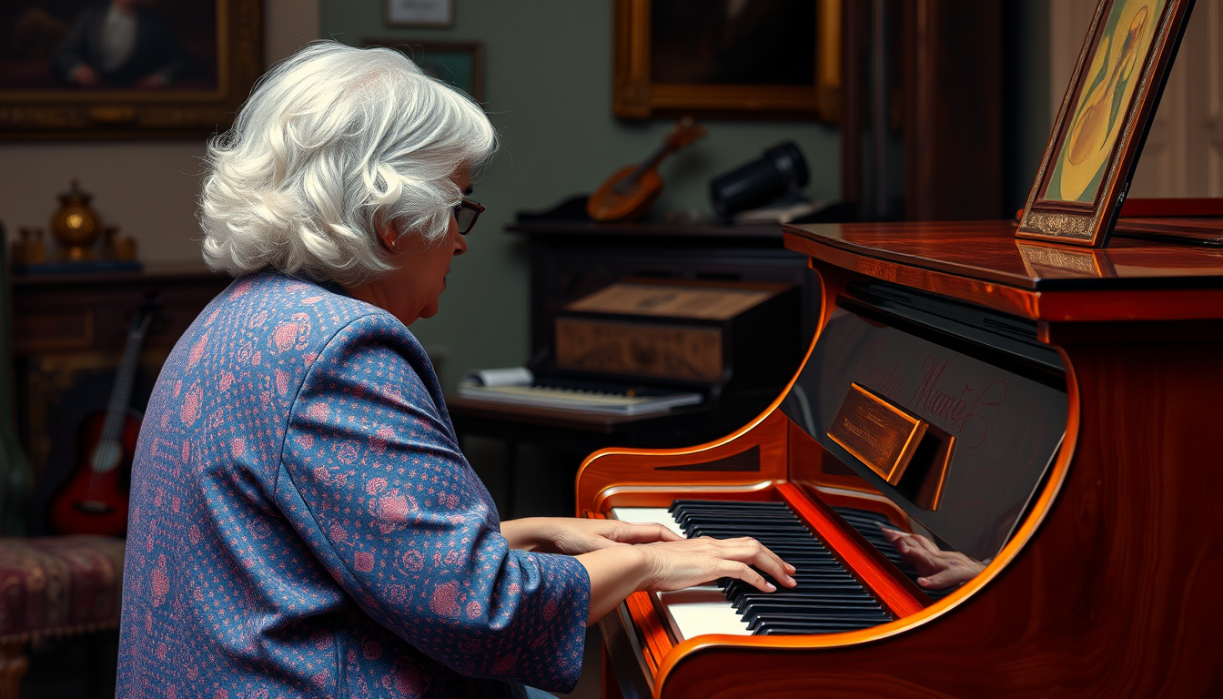 AI Art prompt example created from the prompt: An older woman is playing piano. The lady is seen from behind. So I can't see her face. Make it like a paint. A painting! Like a renesance. 