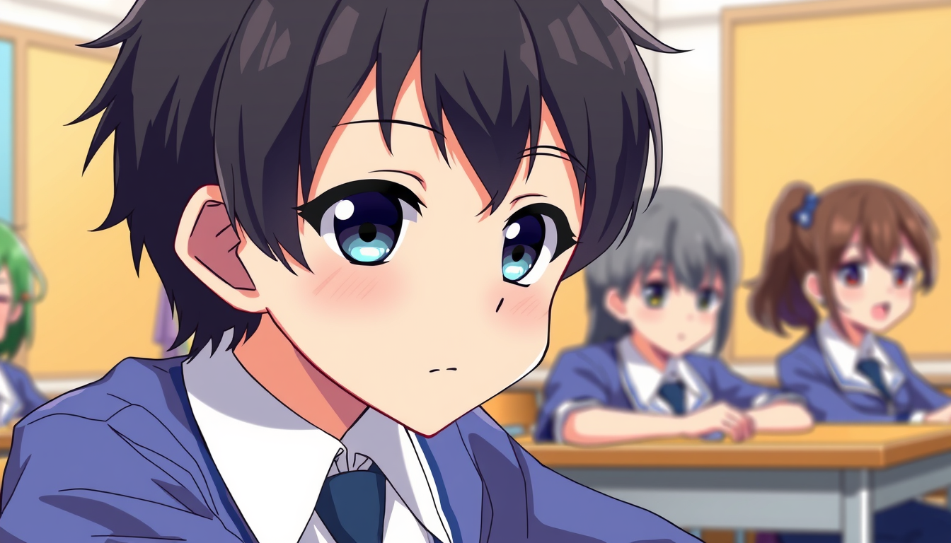 Anime idea: anime style, vibrant colors, expressive eyes, Un ado garçon coréen (aux cheveux noirs, yeux noirs avec fond bleu et coupe two-block fluffy avec frange