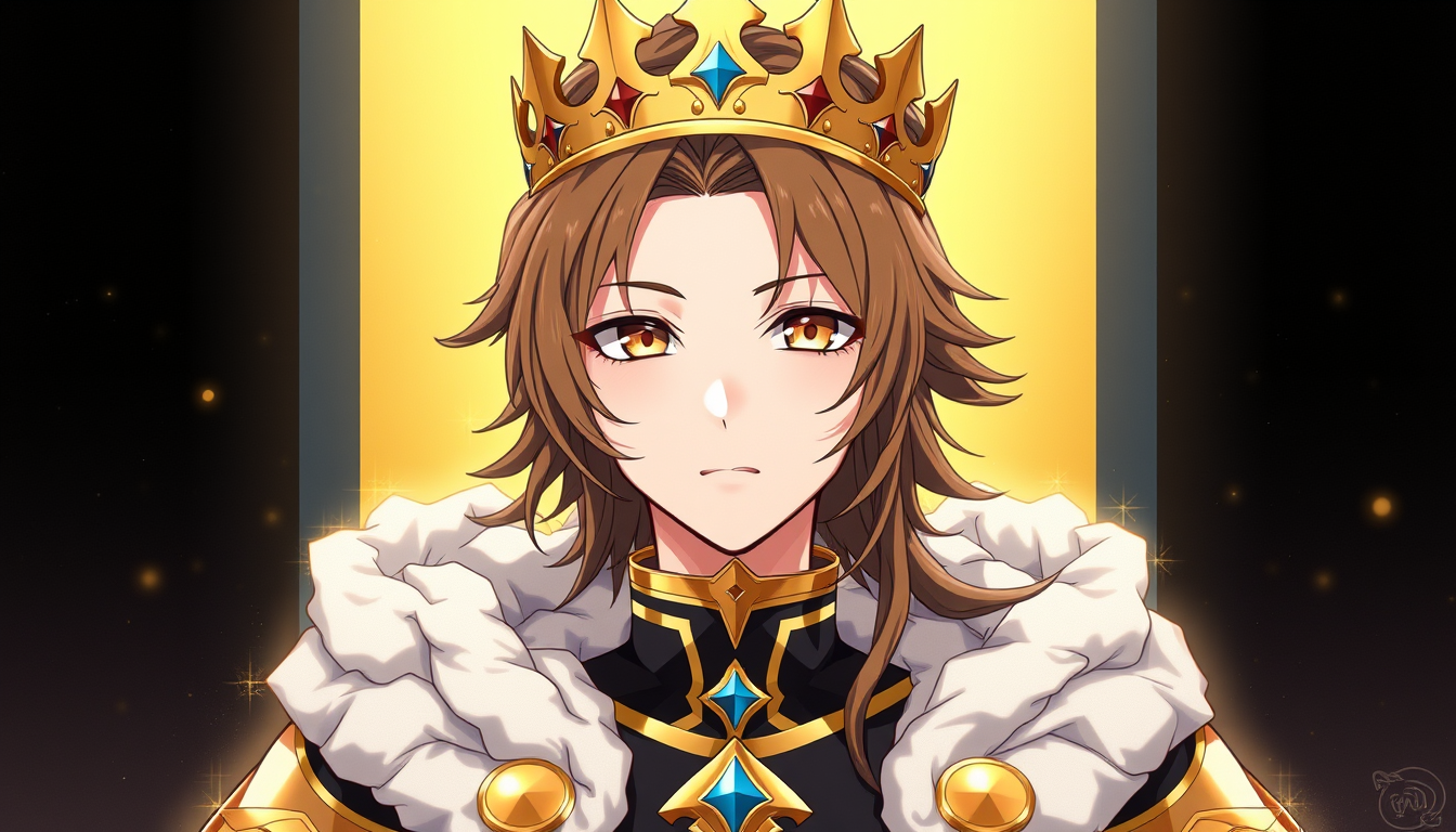 Main art studio: A highly good art image with a gold crown brown hair and golden, like eyes, not literally golden eyes. But a darkened type version of it, just mouth i