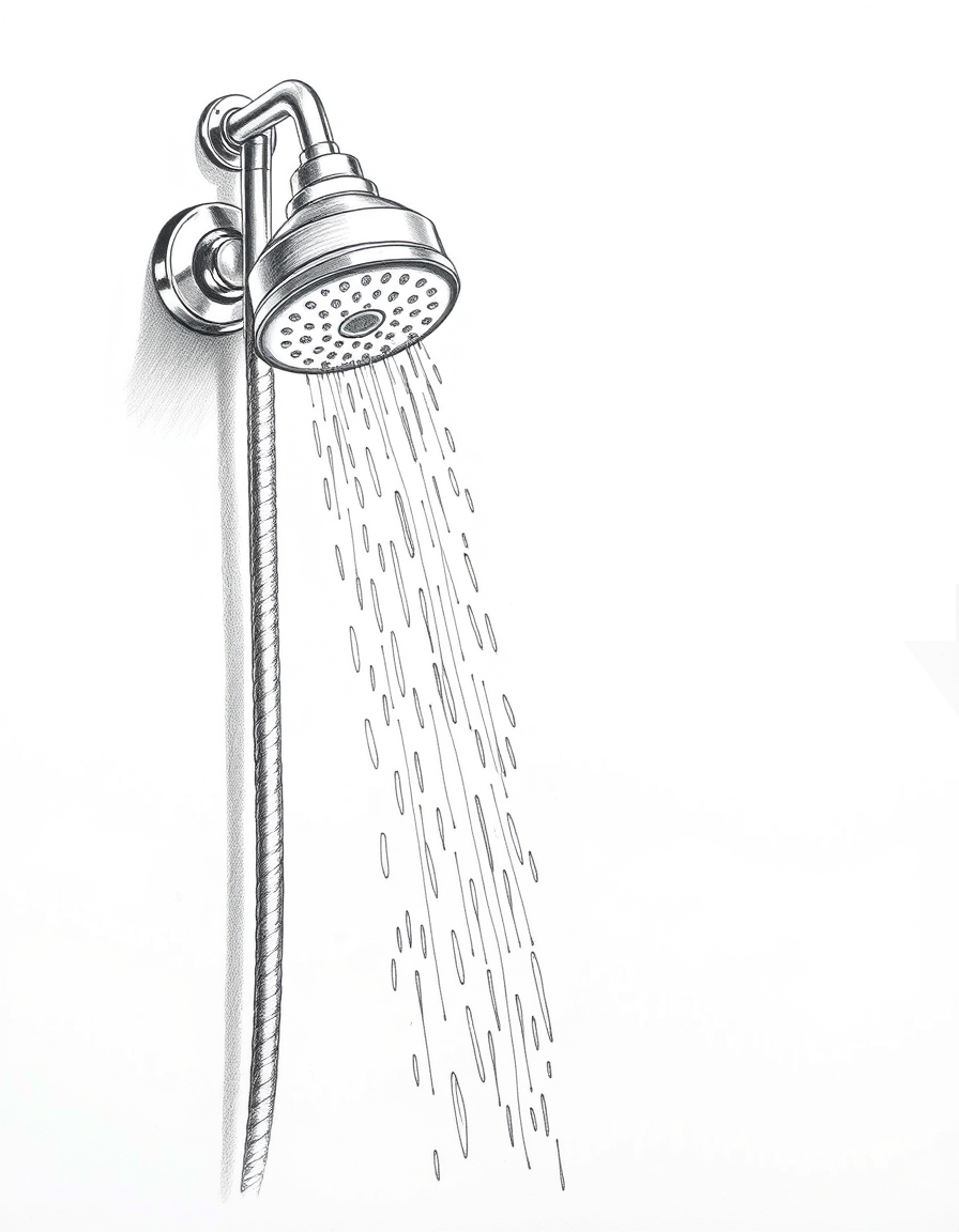 Main art studio: > A detailed black-and-white pencil drawing of a simple shower head mounted on a bathroom wall, with water flowing naturally from it. Realistic bathro