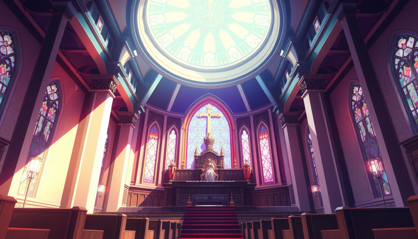 Anime idea: anime style, vibrant colors, expressive eyes, Inside Holy Church , detailed anime illustration