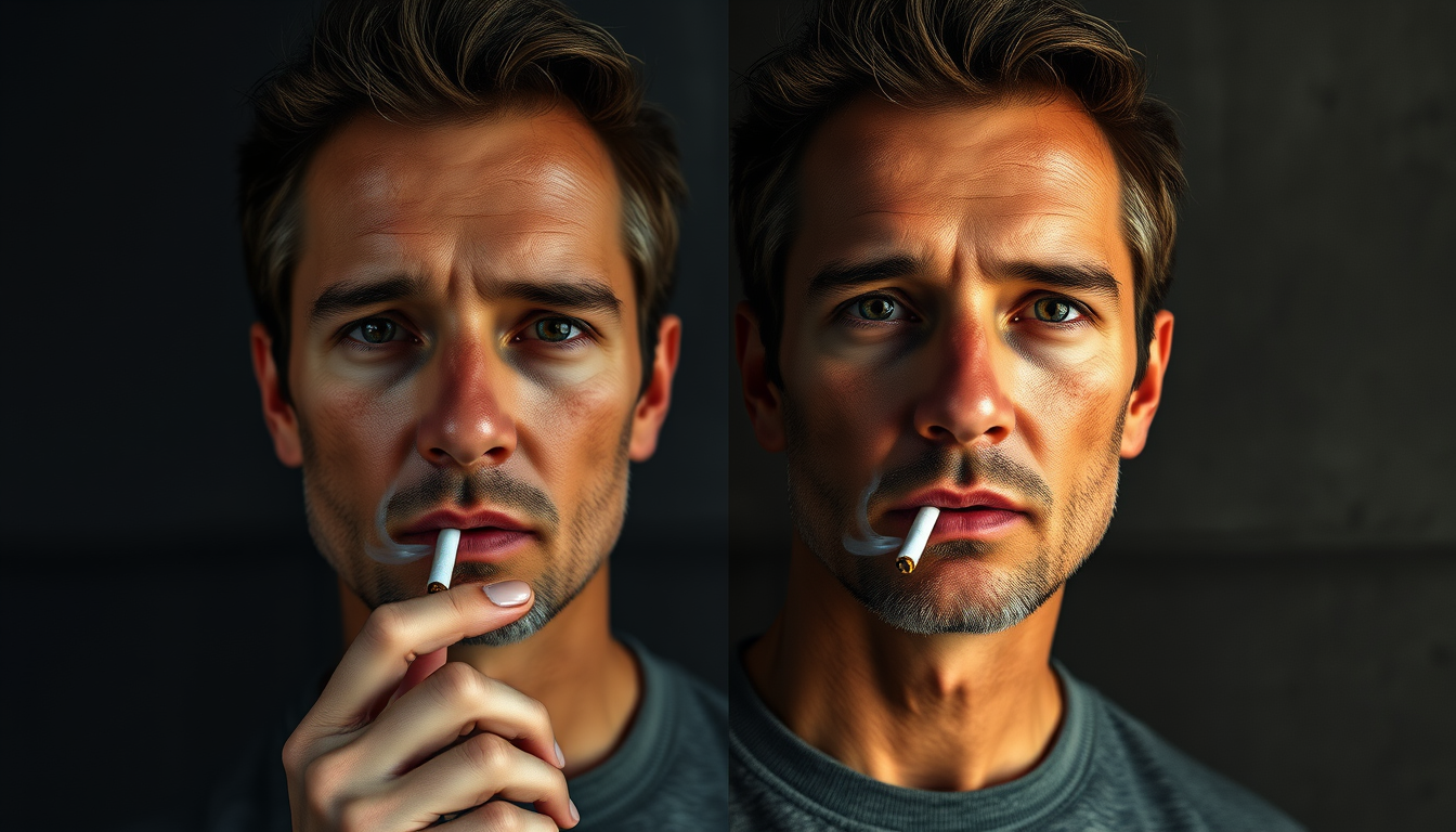 Main art studio: Keep the same adult person, preserving the face, hairstyle, clothing, body proportions, and overall identity. Add a realistic cigarette naturally held