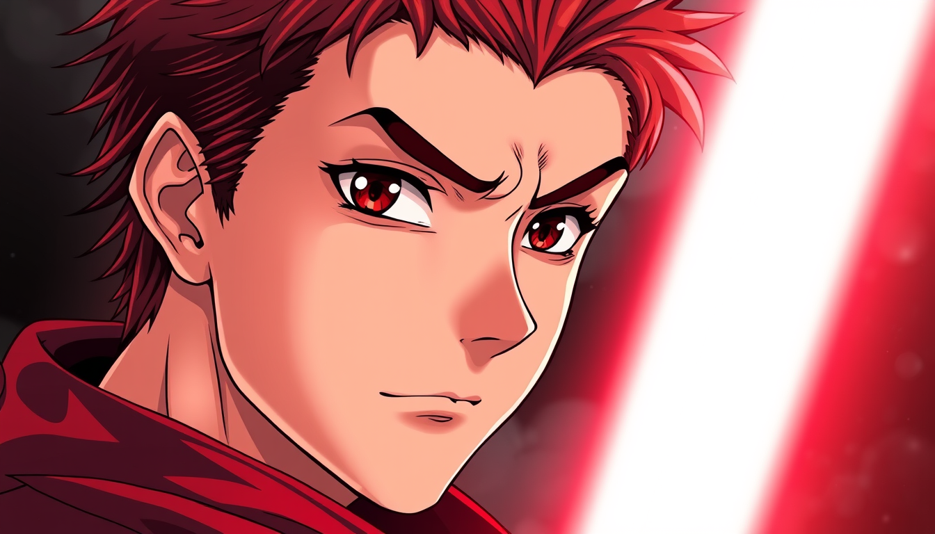 Anime idea: anime style, vibrant colors, expressive eyes, Ritratto a colori in stile manga/anime shonen dark, di un ragazzino di 12 anni robusto e muscoloso per l