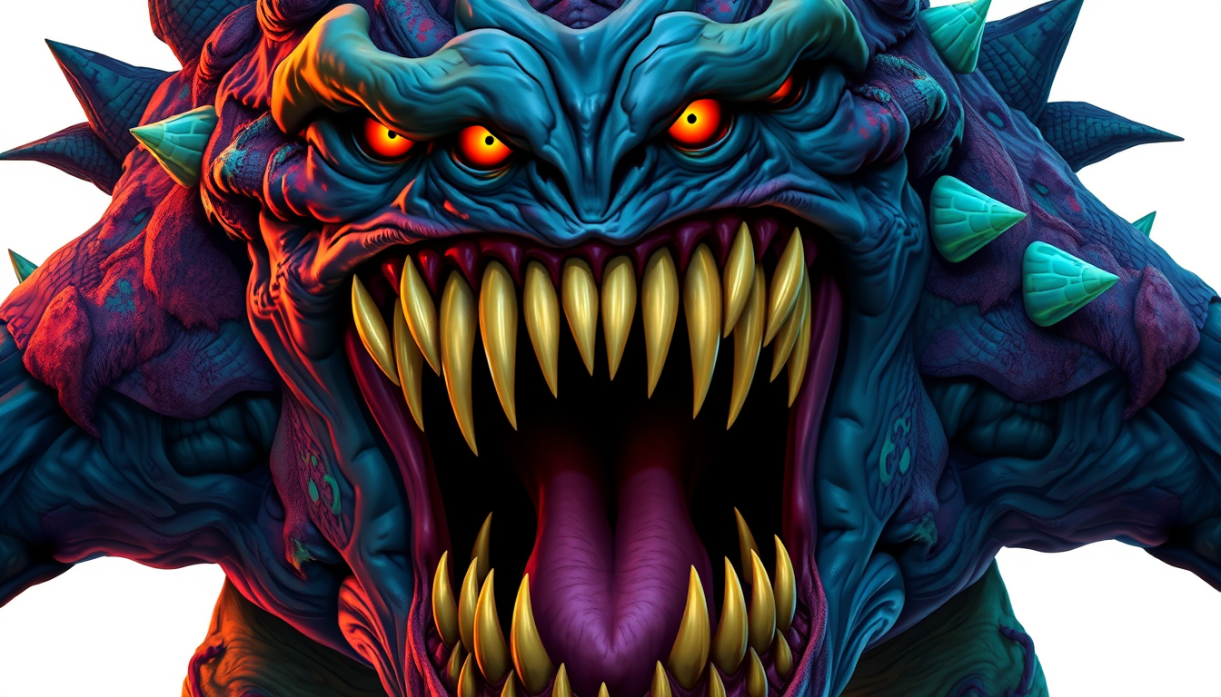 Main art studio: A gigantic terrifying horror monster for a 2D video game, enormous head with a huge mouth wide open, rows of long sharp yellow teeth, purple tongue, g