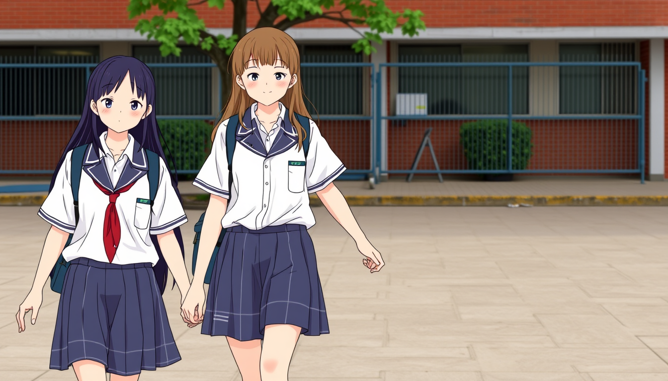 Main art studio: Use these faces to create a scene of them holding hands in the schoolyard; have them wear uniforms and walk while holding hands—just holding one hand.