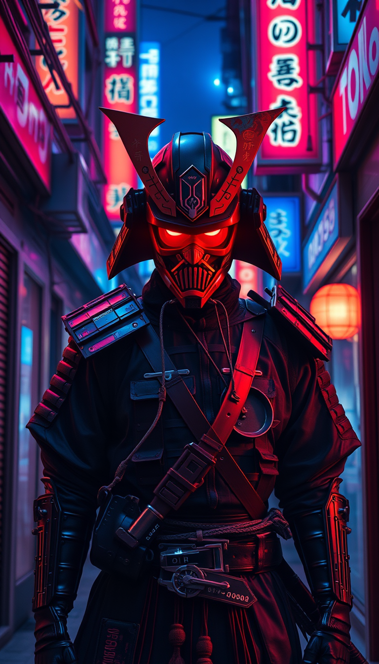 Main art studio: cyberpunk samurai in neon-soaked Tokyo alley, 4k, cinematic