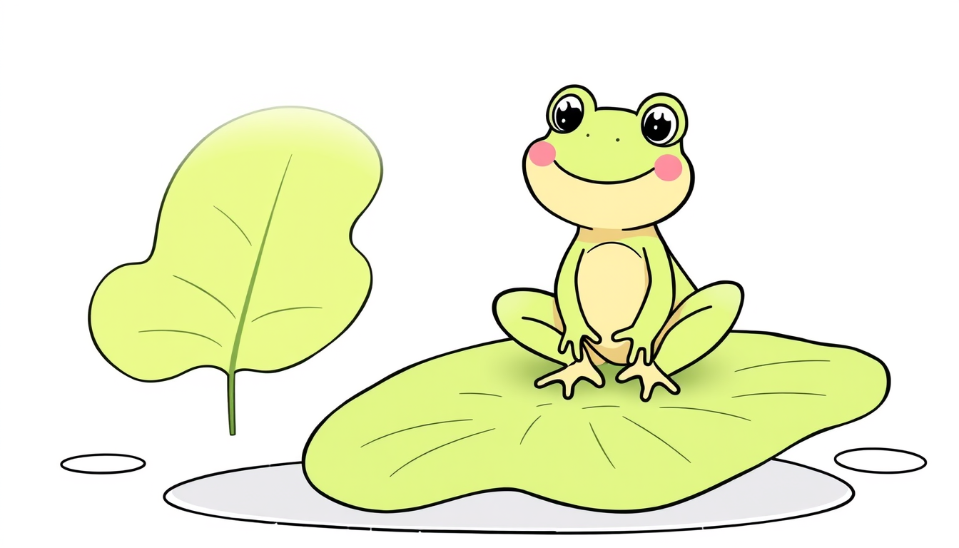 Main art studio: A simple and cute cartoon frog sitting on a big lotus leaf, smiling, ultra thick lines, easy coloring book page for toddlers, clean line art, no color