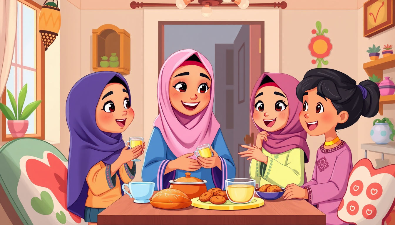 Main art studio: Create a colorful 2D cartoon scene for children aged 5+. A loving Moroccan Muslim mother wearing a beautiful hijab enters the cozy apartment carrying