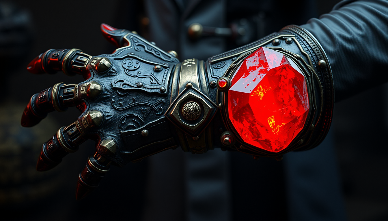 Main art studio: full-length alchemist's gauntlet with a sinister, steampunk aesthetic. The focal point should be a rough-cut Philosopher’s Stone embedded on the back
