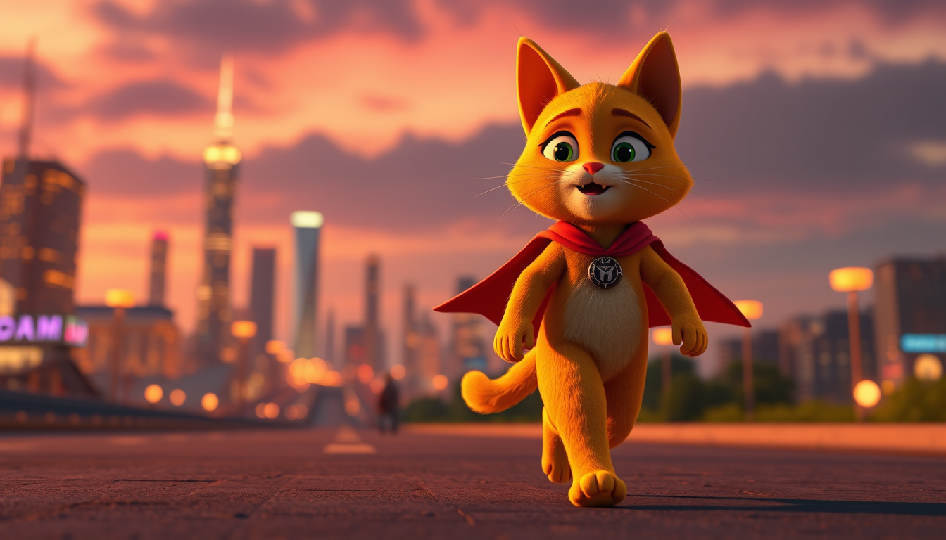 Main art studio: The same orange cat walking away like a superhero at sunset, glowing city lights in the background, cinematic 3D animation style, emotional and inspir