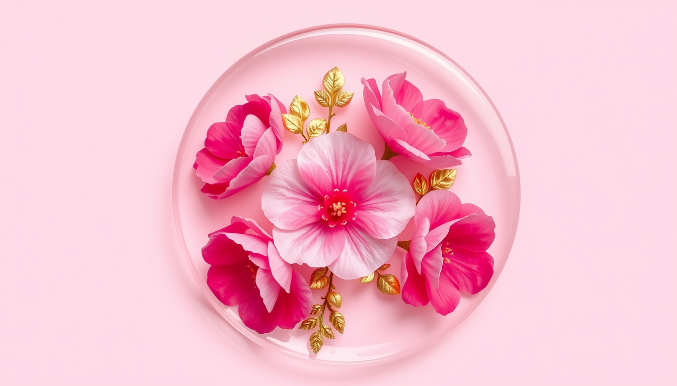 Main art studio: A beautiful luxury resin art logo, pink flowers and small golden leaves inside clear glossy resin, soft pink background, elegant feminine style, simpl