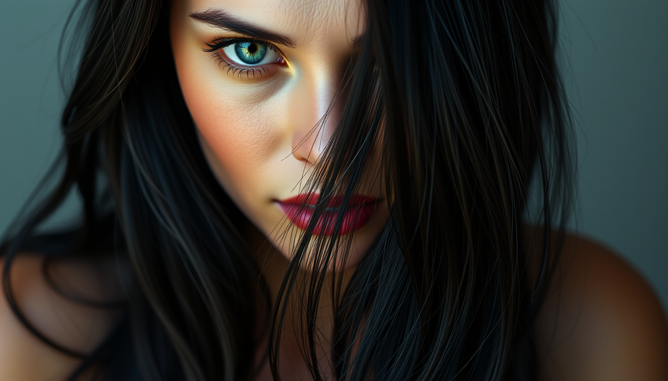 Main art studio: Ultra realistic adult woman, 25 years old, long black hair, green eyes, natural skin, cinematic lighting, high detail, 85mm portrait photography, mast